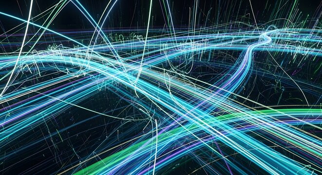 Abstract high speed light trails and data flow in digital fiber optic network