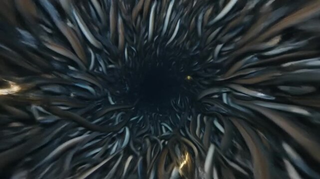 Electric eels swirling in dark submerged cave