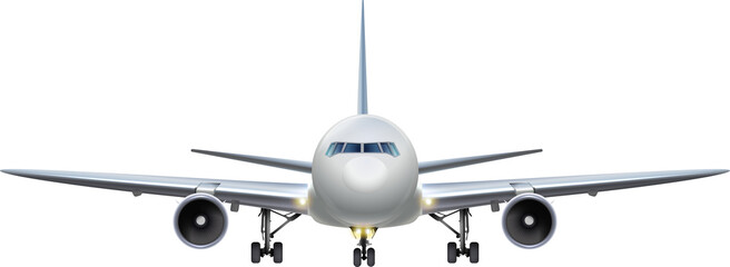 Front view of a commercial passenger airplane isolated. Large jet aircraft facing forward with landing gear down, 3D illustration. Aviation concept: Frontal view of a modern airplane for travel banner © deepakdeeart
