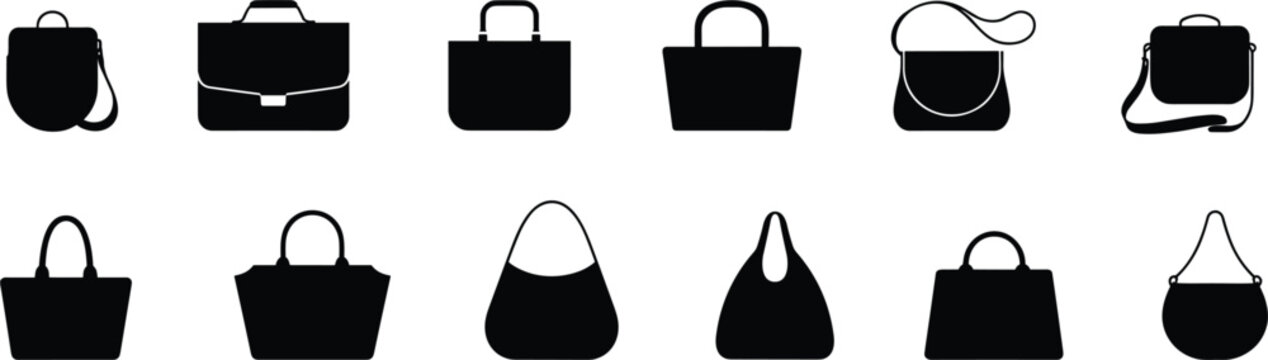 Fashion handbags and lady bags silhouette icon set, black vector collection for shopping, retail business