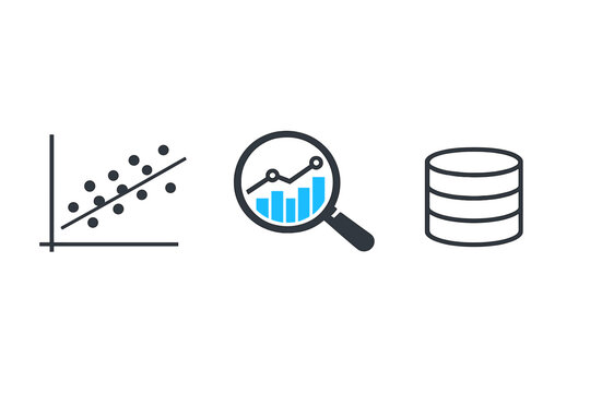 This vector illustration features three clean icons for data analysis