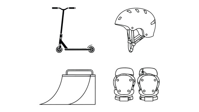 Scooter Set: An illustration of a scooter setup with a helmet, kneepads and a mini ramp, perfect for adventurous activities and safety measures