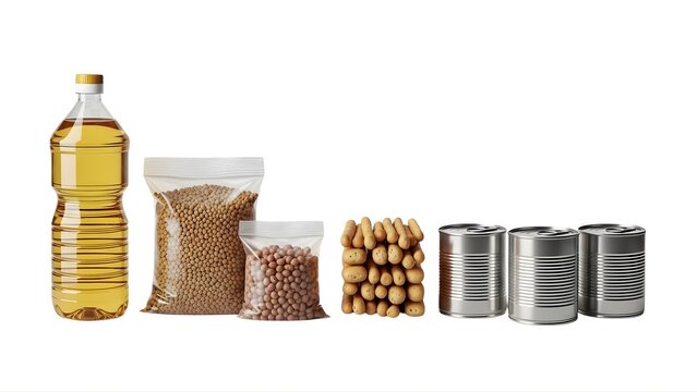 A collection of non-perishable food items on transparent background