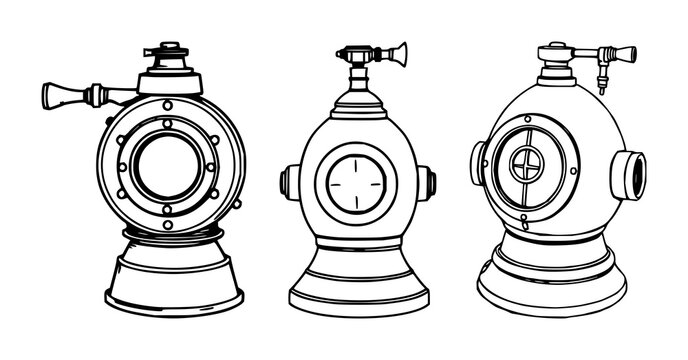 Vintage diving bell set with hand-drawn line art on a white background featuring nautical, maritime, classic with simple and minimalist