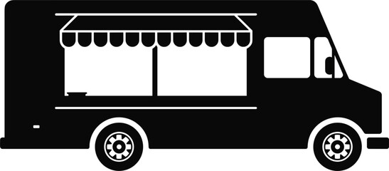 Modern food truck silhouette, black mobile kitchen icon for street festival, restaurant catering and delivery service © Al
