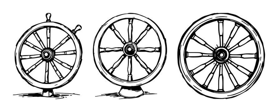 Spinning wheel set with rough sketchy art design featuring antique, primitive, vintage with traditional and craftsmanship elements