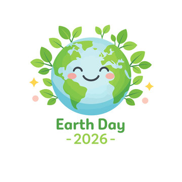 Happy Earth Character with Green Leaves for Earth Day 2026 Celebration