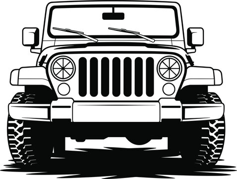 Off-road suv 4x4 car vector silhouette illustration, black and white automotive front view for adventure