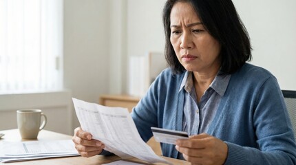 Naklejka premium Medical Bill Stress for Southeast Asian Middle-Aged Woman