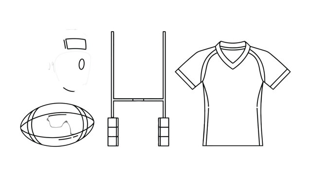 Rugby Essentials: A minimalist graphic composition showcases key elements of rugby, including the ball, goalposts, a jersey, and protective headgear.