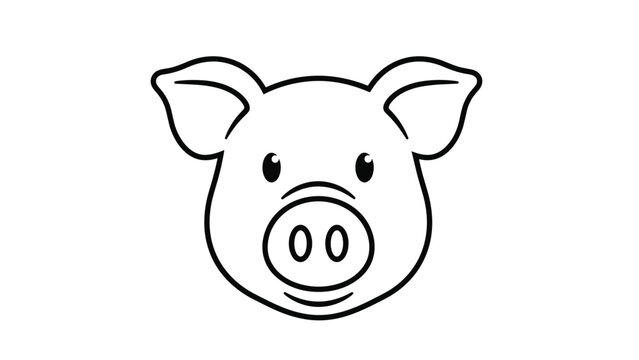 Simple black and white line drawing of a friendly pig's face featuring large ears and a prominent round snout.