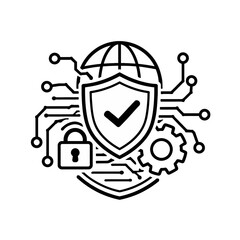 Digital security and cyber protection. Features a shield with a checkmark, global network, padlock, and circuit elements, symbolizing data privacy and system integrity © Muhammad