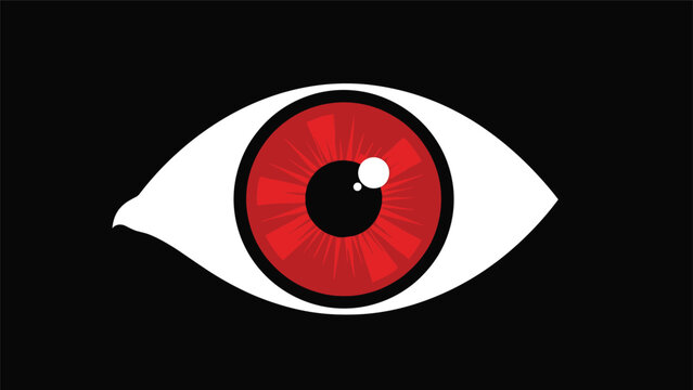 Striking graphic of a single red eye with detailed iris and pupil is centered on a deep black background for impact.