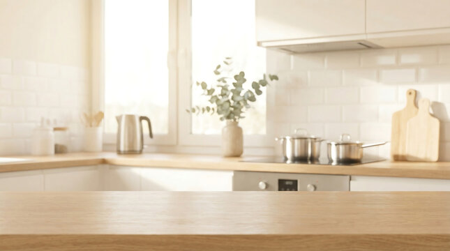 Empty wooden countertop in blurred modern kitchen interior for product display and food mockup