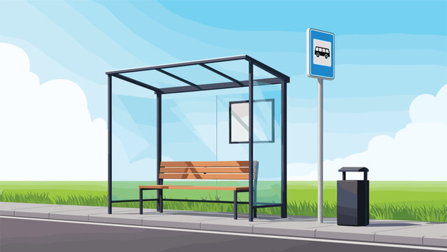 Vector landscape illustration of a modern bus stop shelter with a bench and sign on a sunny day with green grass and a blue sky.
