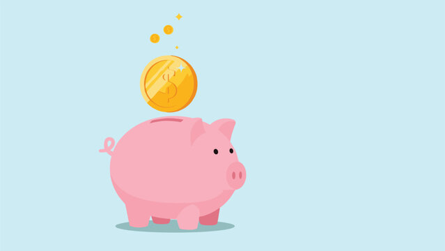 Cute pink piggy bank illustration with a large gold dollar coin being deposited into the top on a blue background for savings concepts.