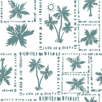 Tropical  seamless pattern with palm trees, abstract vector hand drawn illustration