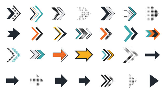 Massive collection of arrow icons in various styles, colors, and textures for user interface and navigation design in digital apps.