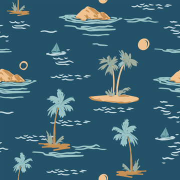 Tropical landscape with palm trees, beach and ocean seamless pattern, monochrome illustrations, hand-drawn vector doodles.