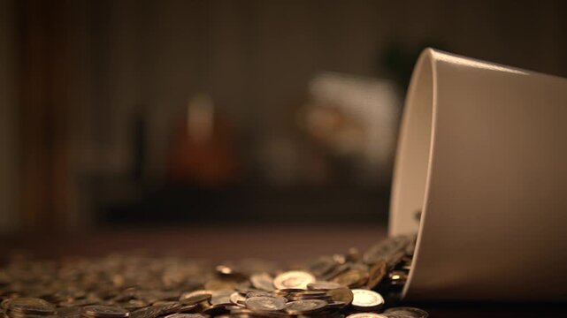 hand holding coin savings in slow motion. Money cash coins concept background
