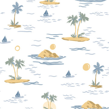 Tropical landscape with palm trees, beach and ocean seamless pattern, monochrome illustrations, hand-drawn vector doodles.