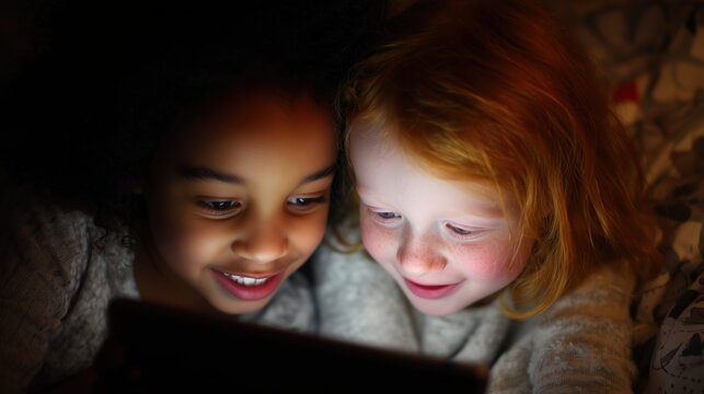 Deux fillettes regardent ensemble un &eacute;cran lumineux sous une couverture