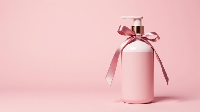 A pink bottle with a pink ribbon tied around it, perfect for use in beauty or lifestyle content