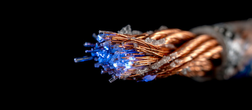 Macro shot of a severed fiber optic and copper cable with blue digital light glowing, concept of data breach and cyber security.