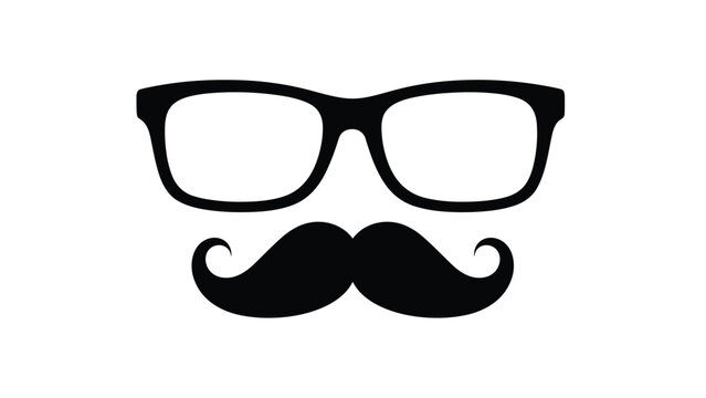 Iconic black silhouette of a pair of thick framed eyeglasses and a large curled mustache representing a hipster or gentleman style.