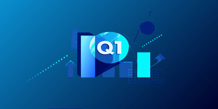 Abstract representation of q1 financial growth with bar graphs and shapes