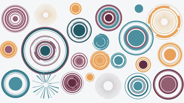 Abstract background pattern of various colorful circles and geometric ring shapes in teal, orange, and maroon on a light gray field.