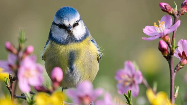 adorabel blue tit surrounded by spring flowers