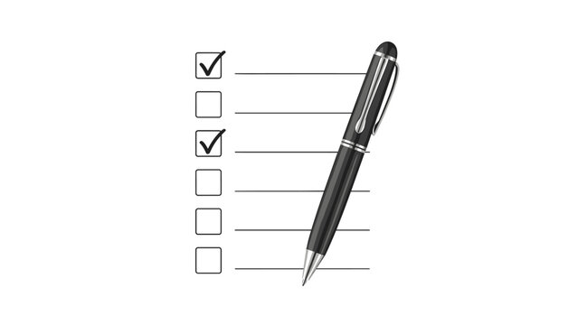 Realistic black ballpoint pen placed next to a document with checkboxes and lines representing a completed survey or task list.