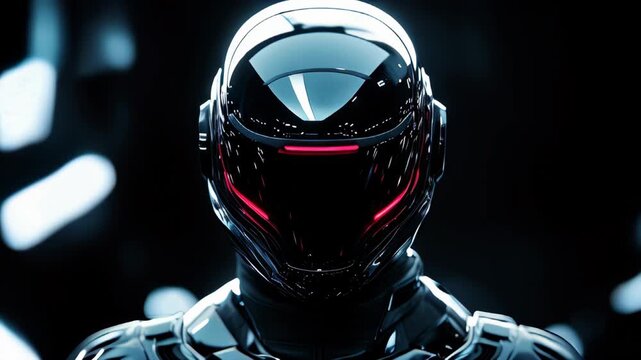 A stylish, formidable pilot clad in polished black armor with sharp angular detailing and metallic highlights stands with увер confidence. Their futuristic helmet, fitted with a tinted visor, mirrors 