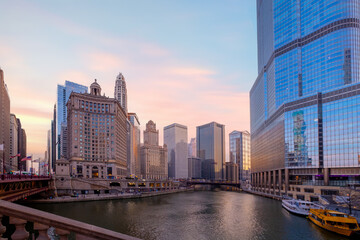 Fototapeta premium Chicago River front buildings at the end of Magnificent Mile, USA