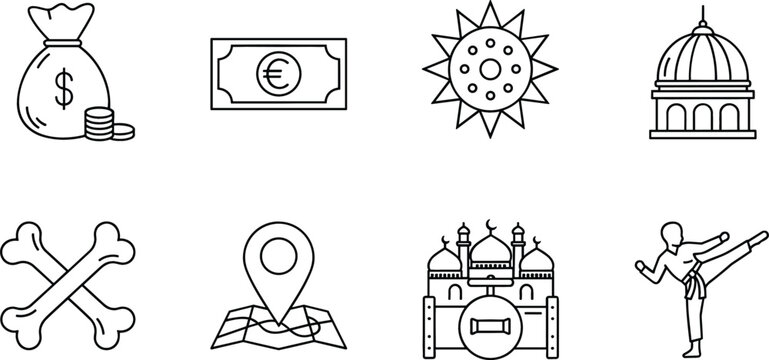Money Bag, Currency Note, Sun, Dome Building, Bones, Map Location, Palace and Martial Arts Icon Set for Finance, Travel and Culture Concepts