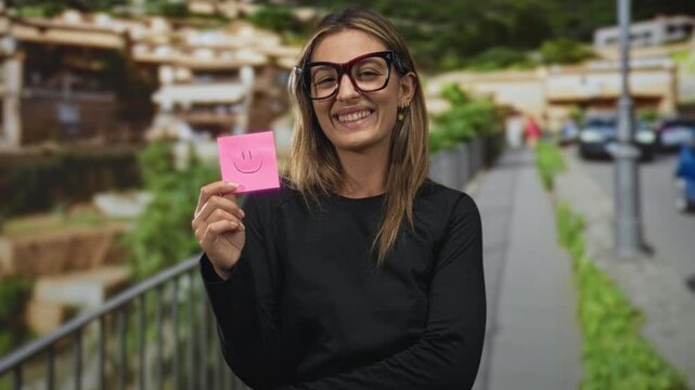 Woman holding pink sticky note with smile drawn, hand raised on street beside railing and parked cars; optimism positive message.