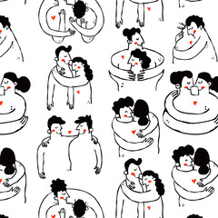 Love and human support naive seamless pattern bold line vector isolated cute illustrations of people hugging and red hearts for sticker print and branding