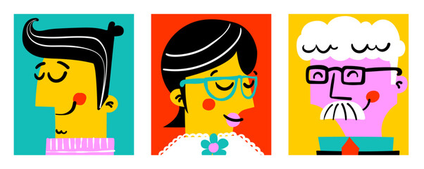 People and retro lifestyle naive bold vector isolated cute illustrations of a man with mustache elegant woman and smiling girl portraits for sticker print and branding
