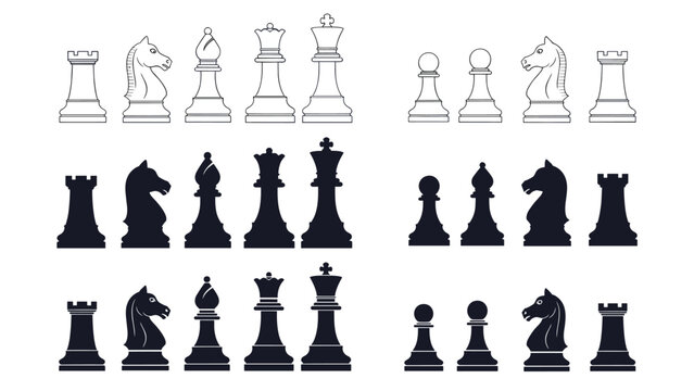 Various sets of chess pieces including king queen bishop knight rook and pawn in both solid and outline styles.