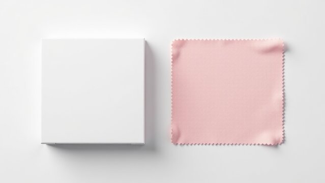A pink cloth lying flat on a white surface with a white box in the background
