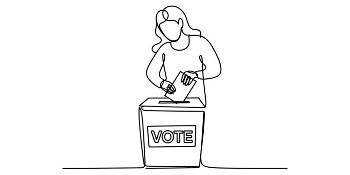 A single continuous line drawing of a woman casting her ballot into a voting box during election Vector, illustration