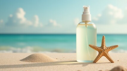 Obraz na płótnie Canvas A single bottle of water sits atop a sandy beach, perfect for a seaside picnic or as a prop in coastal-themed shoots