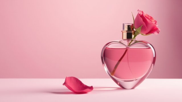 A luxurious pink perfume bottle surrounded by a fresh rose