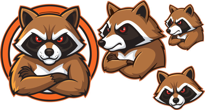 Angry raccoon mascot vector set, fierce procyon lotor sports logo with red eyes, aggressive trash panda character collection for gaming and esports