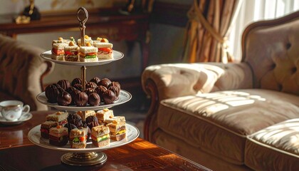 Fototapeta premium Afternoon Tea: A tiered dessert stand featuring mini chocolate truffles and finger sandwiches.