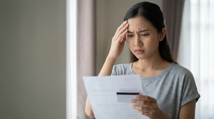 Naklejka premium Medical Bill Stress and Payment Worry for Indonesian Young Woman