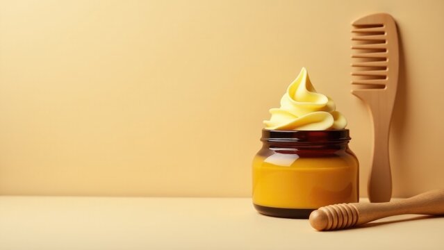 A jar of whipped cream and a wooden toothbrush side by side