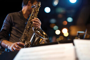 Obraz premium A vibrant scene featuring a jazz saxophonist passionately performing on stage, capturing the essence of music, rhythm, and artistic expression in nightlife.