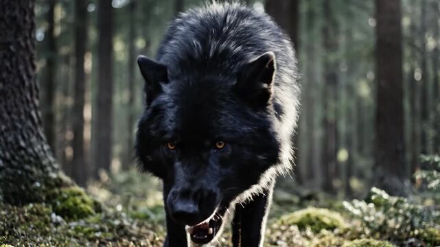 Fierce Black Wolf Growling in the Forest